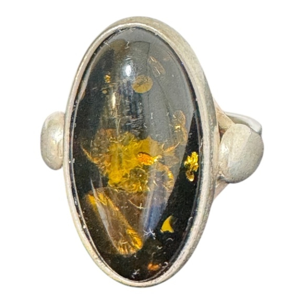 Vintage Sterling Silver Freeform Green, Gold Amber Cabochon Ring Size 7